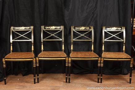 Set 4 Black Lacquer Neo Classical French Chairs Hand Painted Chinoiserie
